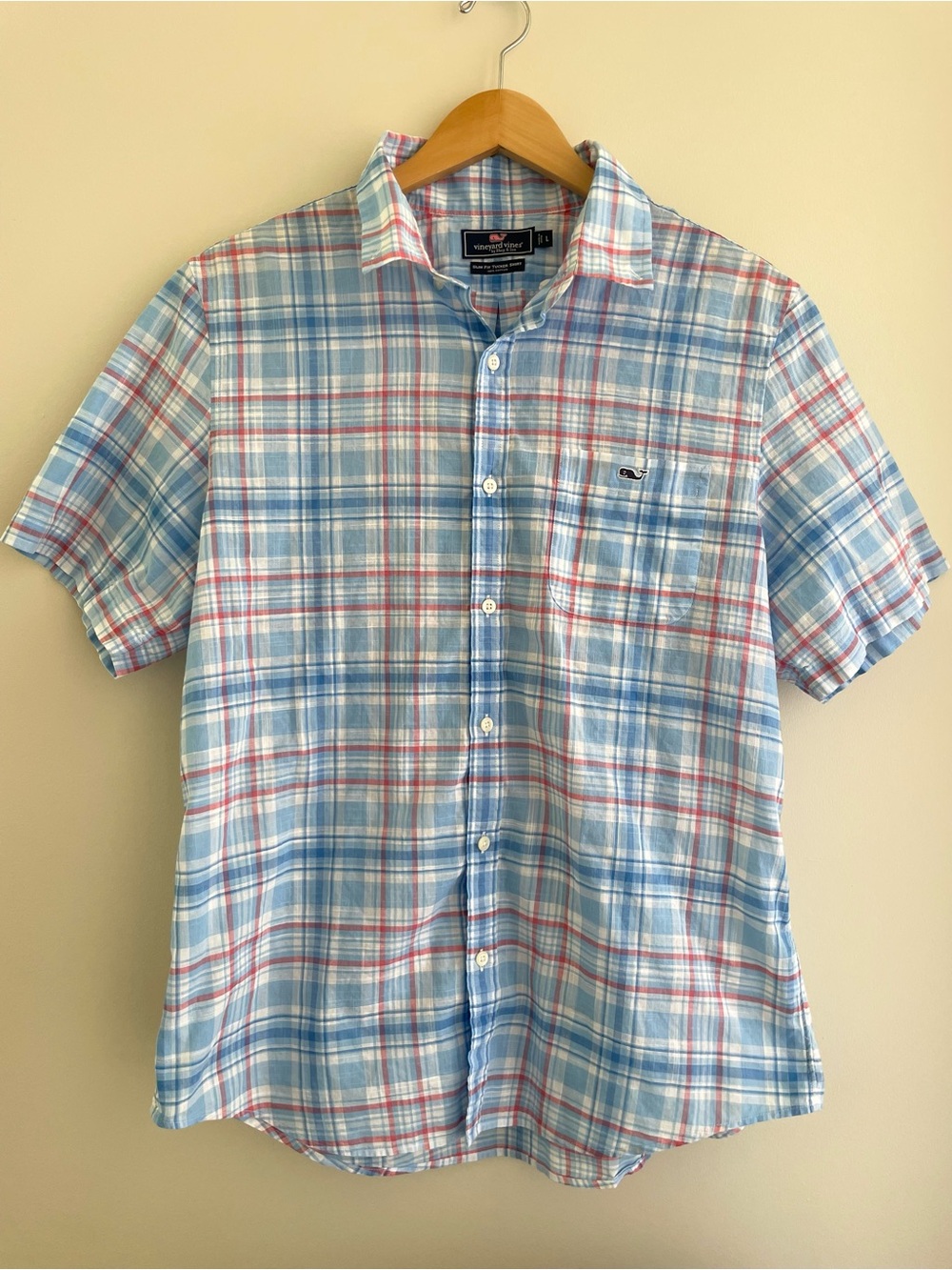 Vineyard Vines Preppy Light Blue Plaid Short-Sleeve Button-Down Cotton Shirt